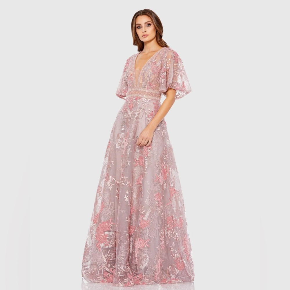 NWT $798 MAC DUGGAL Embroidered BEADED Flounce Sleeve A Line Gown DRESS 20262